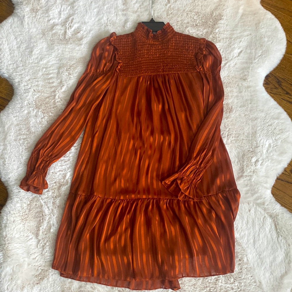 Just Taylor Stripe Smocked Yoke Mock Neck Dress In Copper Size 6